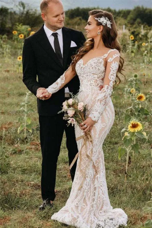 Robe de mariée sirène en dentelle à manches longues avec appliques transparentes