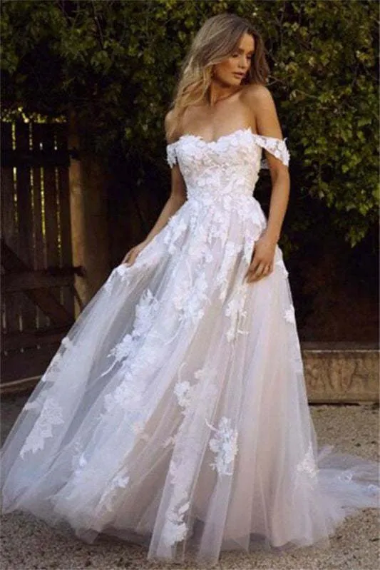 Robe de mariée trapèze en tulle à épaules dénudées et appliques en dentelle