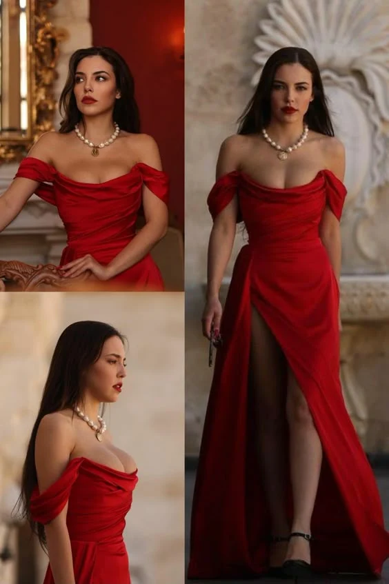 Robe de bal sirène en satin à épaules dénudées et fente latérale rouge