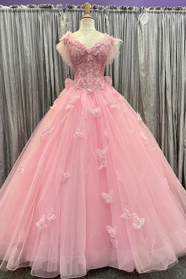 Robe de bal en tulle rose à fleurs et dentelle avec nœud dans le dos et manches flottantes