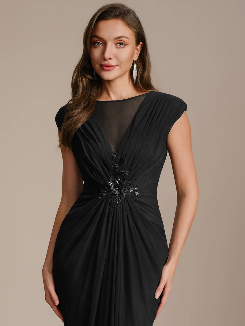 Robe maxi bodycon transparente à manches courtes en sequins