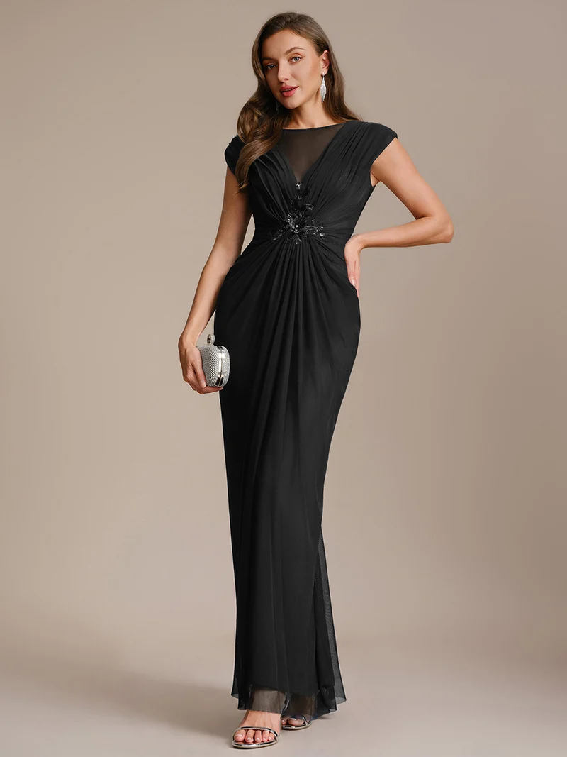 Robe maxi bodycon transparente à manches courtes en sequins