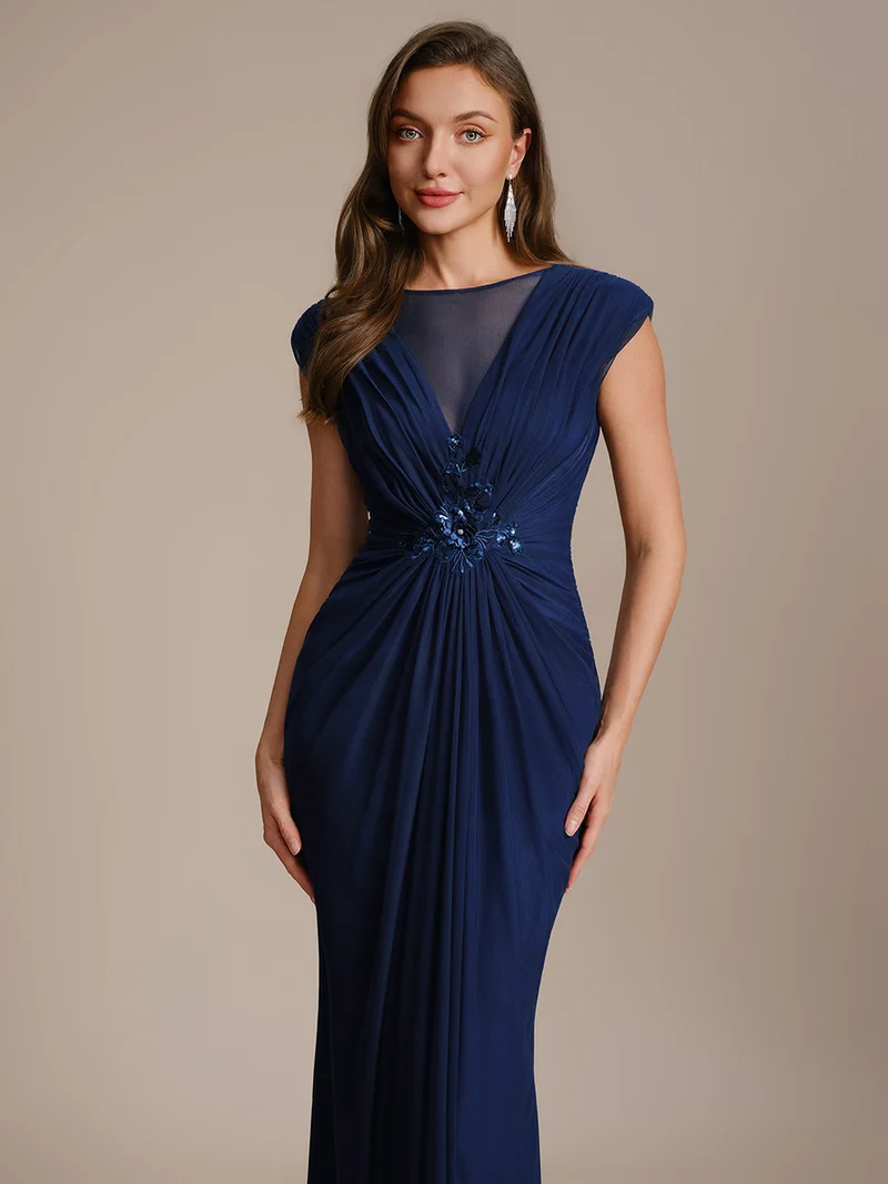 Robe maxi bodycon transparente à manches courtes en sequins