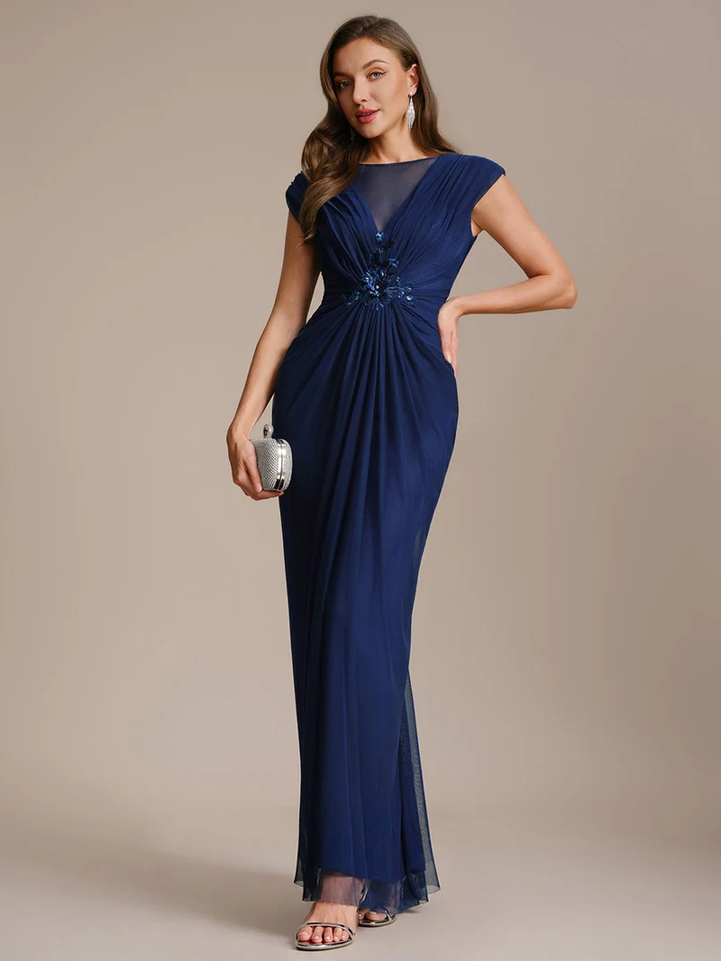 Robe maxi bodycon transparente à manches courtes en sequins