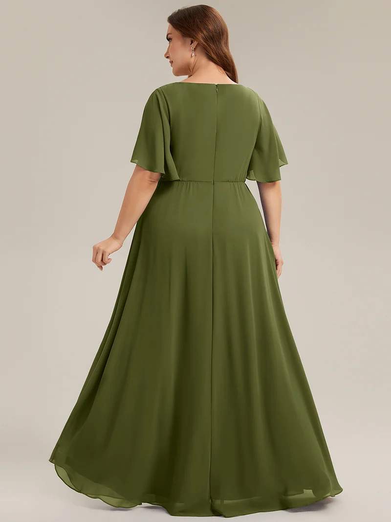 Robe longue à manches à volants décolleté en V profond avec appliques coupe évasée