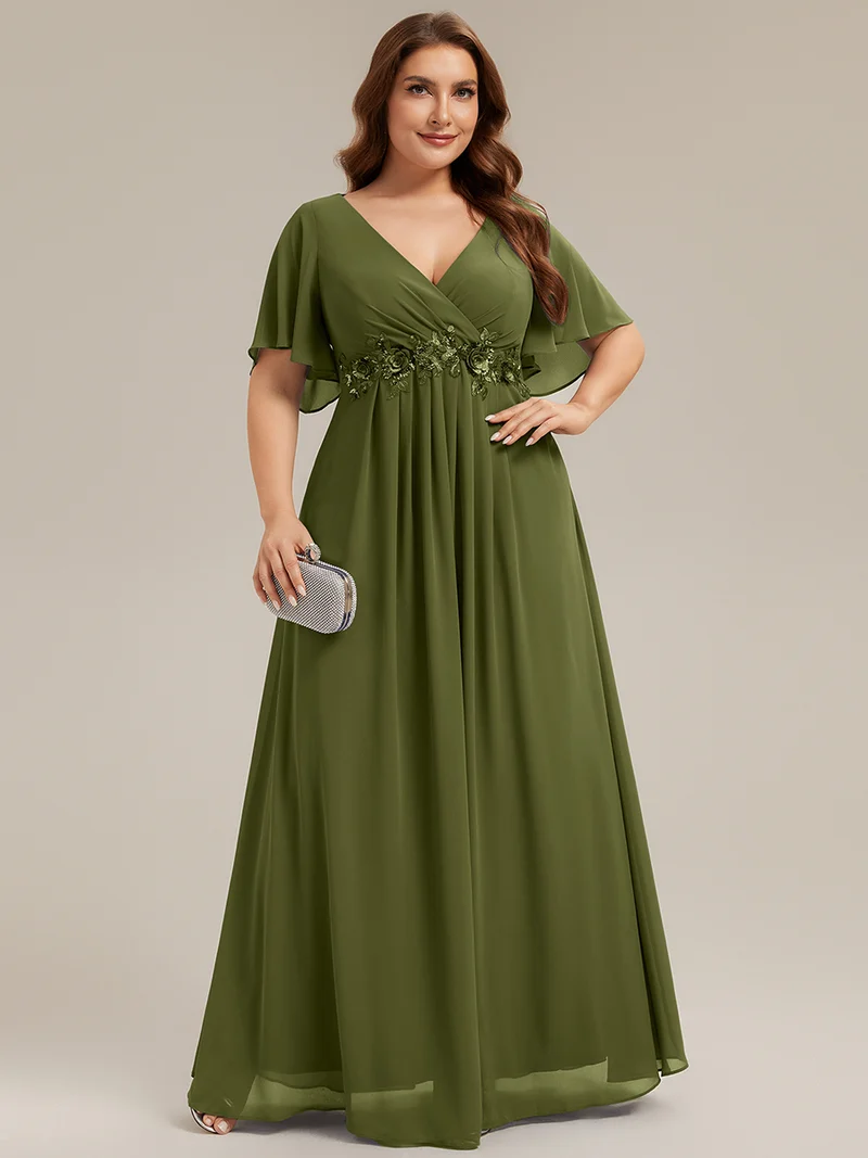 Robe longue à manches à volants décolleté en V profond avec appliques coupe évasée