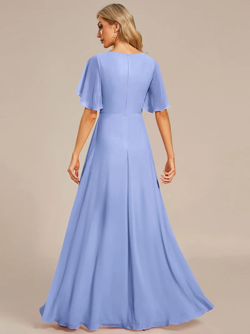 Robe longue à manches à volants décolleté en V profond avec appliques coupe évasée