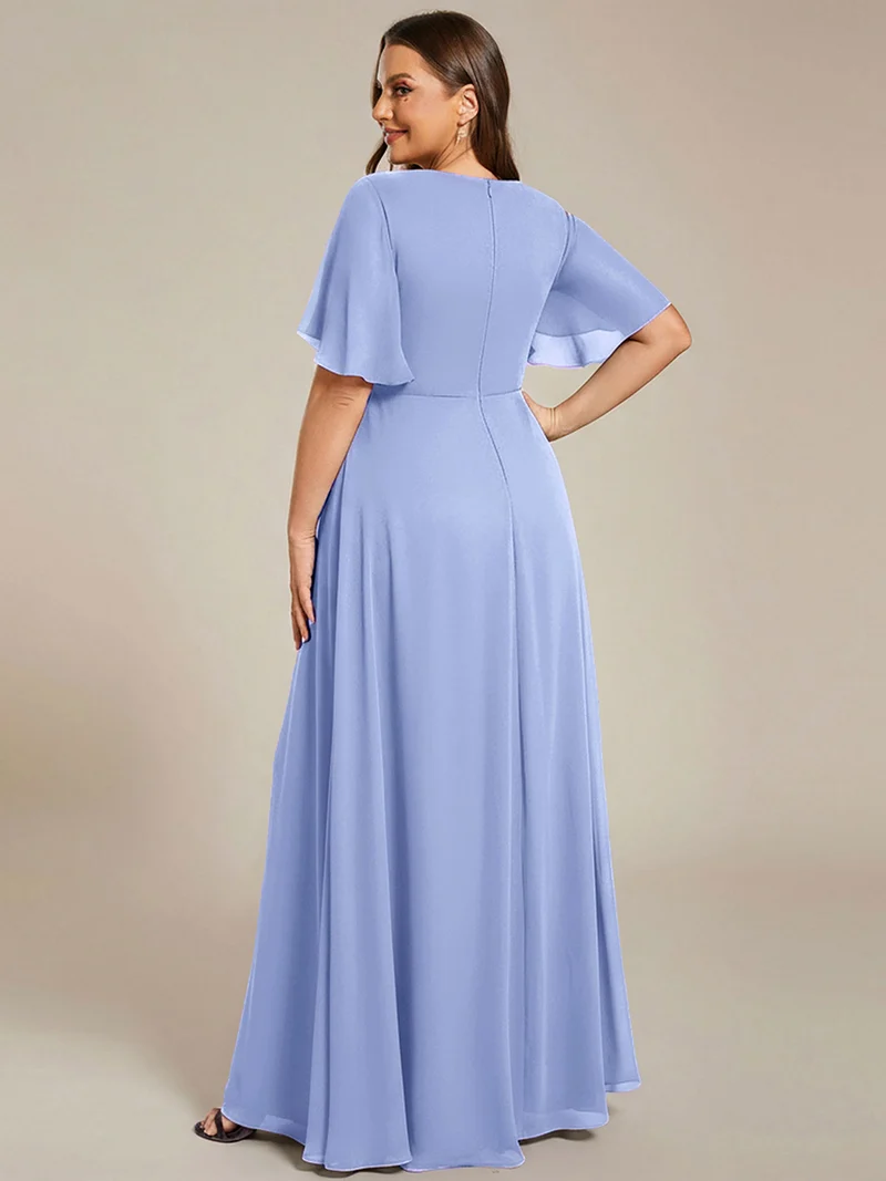 Robe longue à manches à volants décolleté en V profond avec appliques coupe évasée