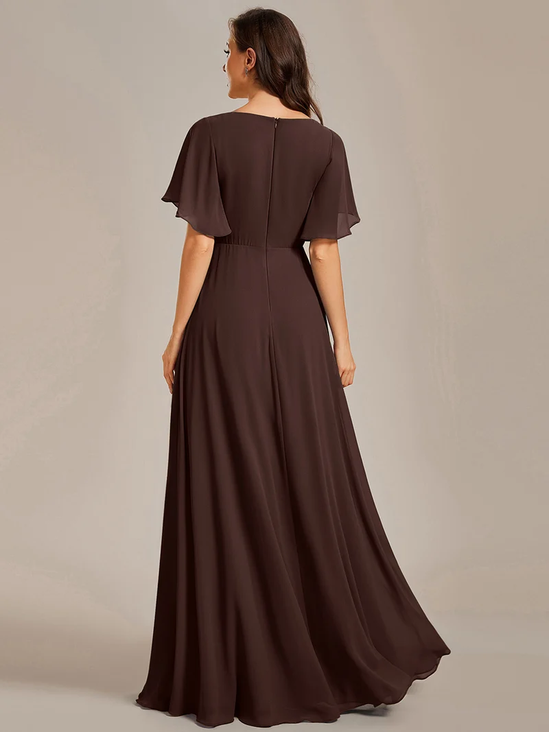 Robe longue à manches à volants décolleté en V profond avec appliques coupe évasée