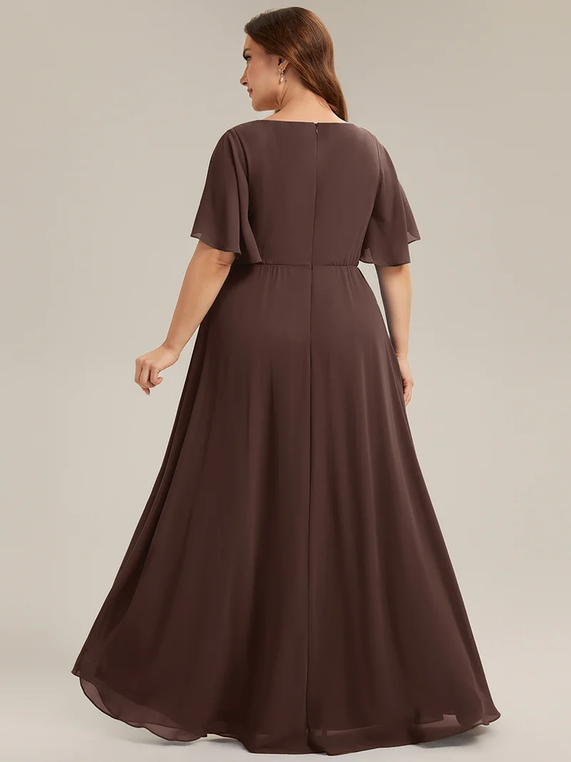 Robe longue à manches à volants décolleté en V profond avec appliques coupe évasée