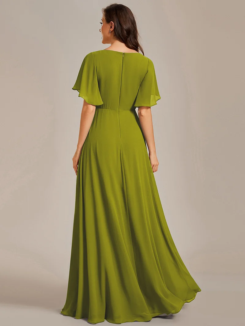 Robe longue à manches à volants décolleté en V profond avec appliques coupe évasée
