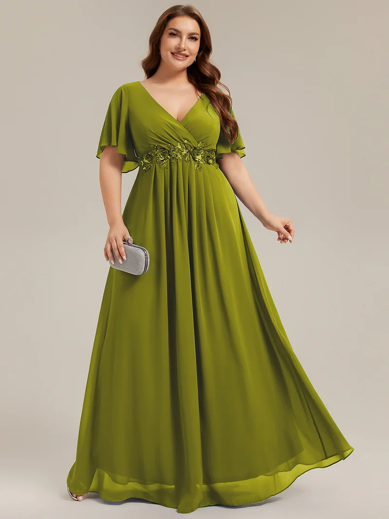 Robe longue à manches à volants décolleté en V profond avec appliques coupe évasée