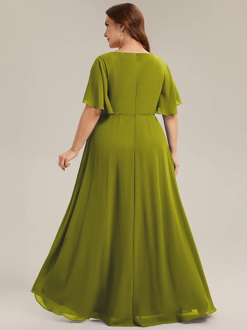 Robe longue à manches à volants décolleté en V profond avec appliques coupe évasée