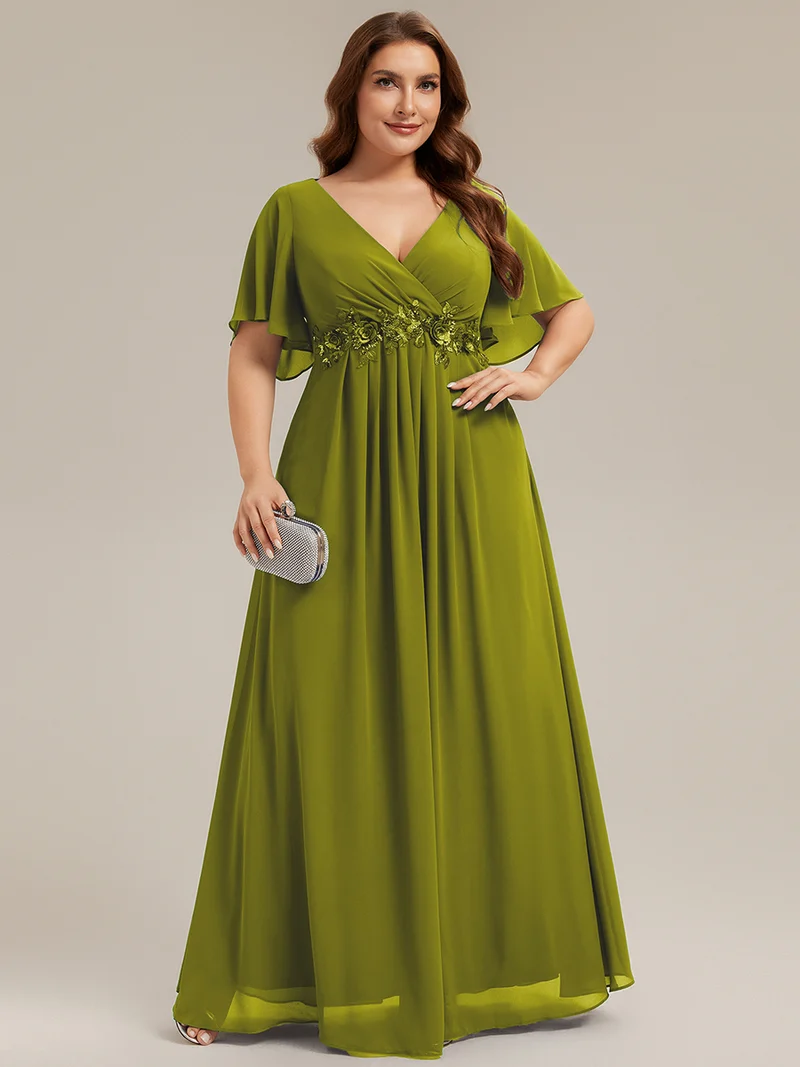 Robe longue à manches à volants décolleté en V profond avec appliques coupe évasée