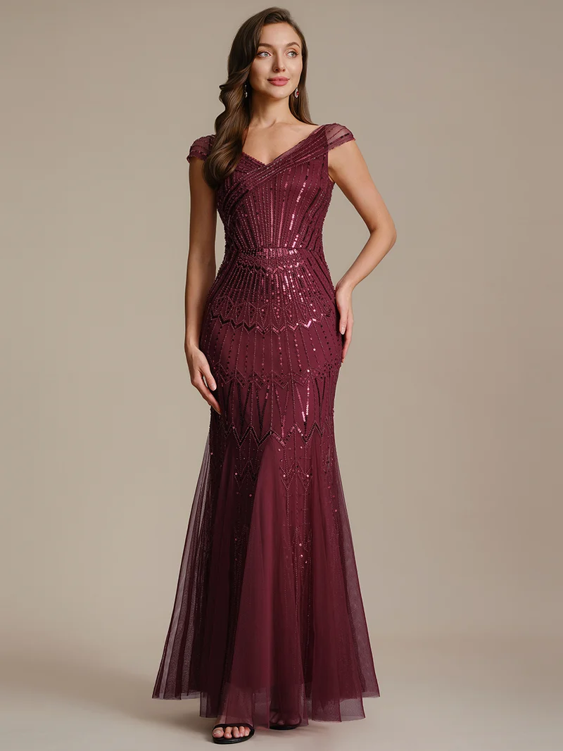 Robe longue sirène élégante à col en V manches courtes et tissu extensible