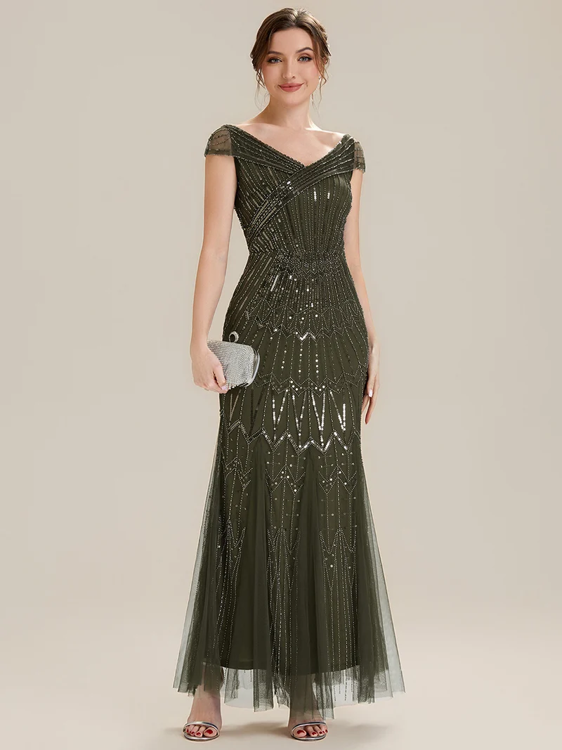 Robe longue sirène élégante à col en V manches courtes et tissu extensible