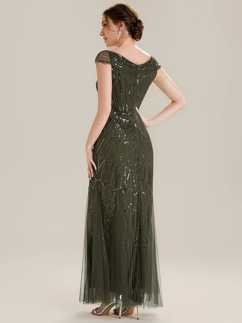Robe longue sirène élégante à col en V manches courtes et tissu extensible