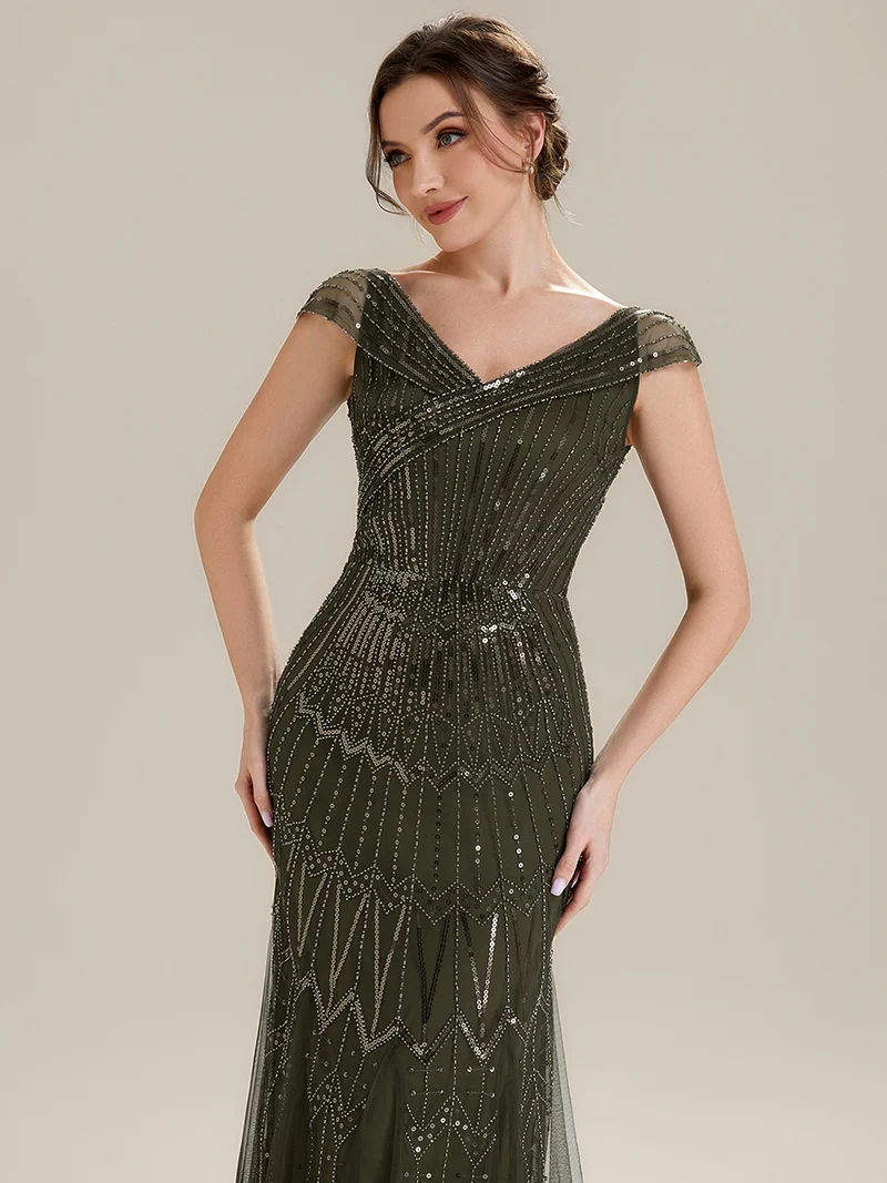 Robe longue sirène élégante à col en V manches courtes et tissu extensible