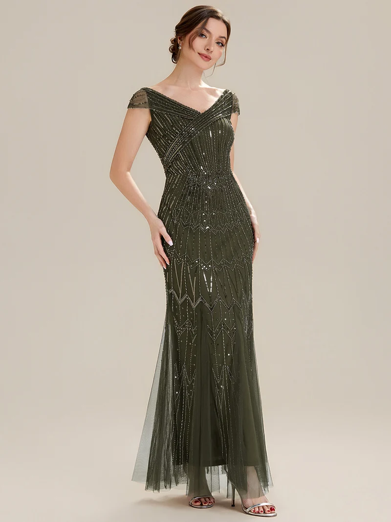 Robe longue sirène élégante à col en V manches courtes et tissu extensible