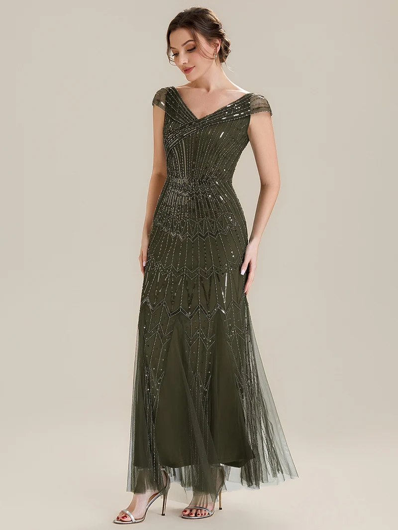 Robe longue sirène élégante à col en V manches courtes et tissu extensible