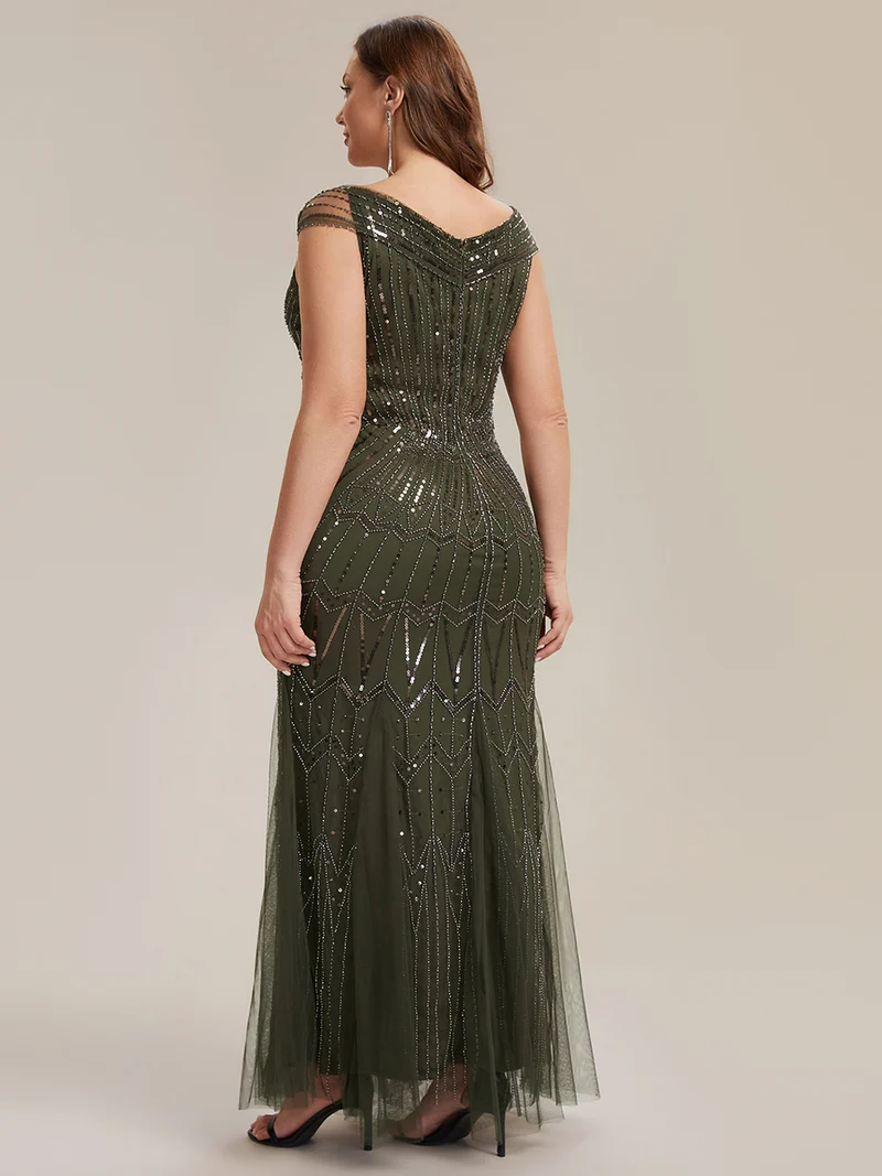 Robe longue sirène élégante à col en V manches courtes et tissu extensible