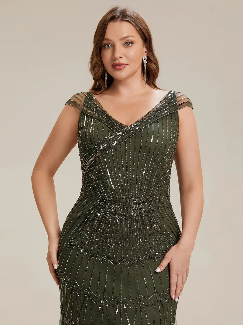 Robe longue sirène élégante à col en V manches courtes et tissu extensible