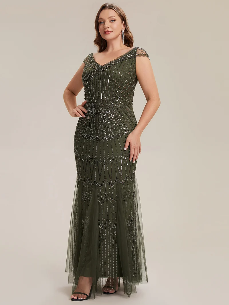 Robe longue sirène élégante à col en V manches courtes et tissu extensible