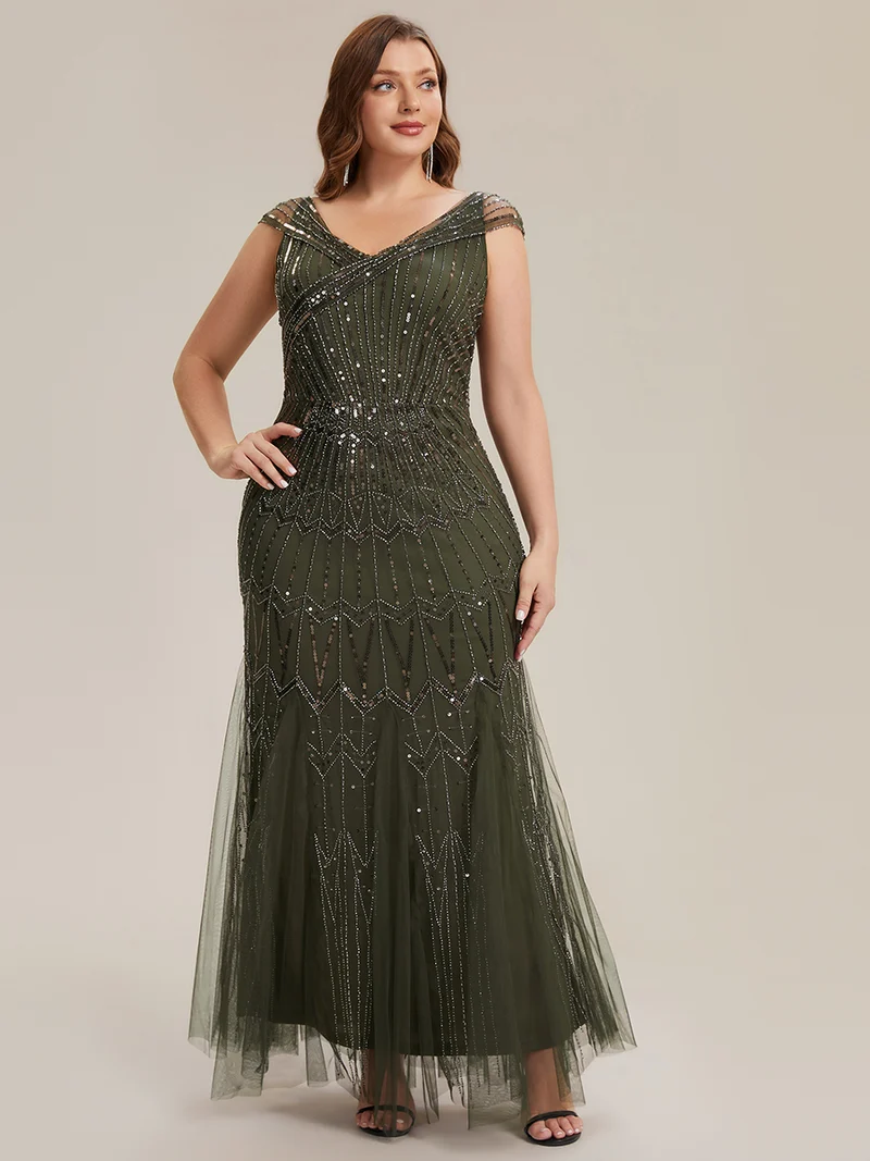 Robe longue sirène élégante à col en V manches courtes et tissu extensible