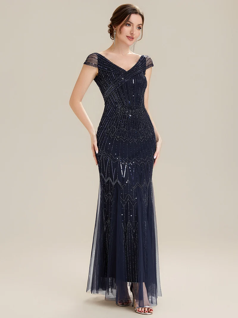 Robe longue sirène élégante à col en V manches courtes et tissu extensible