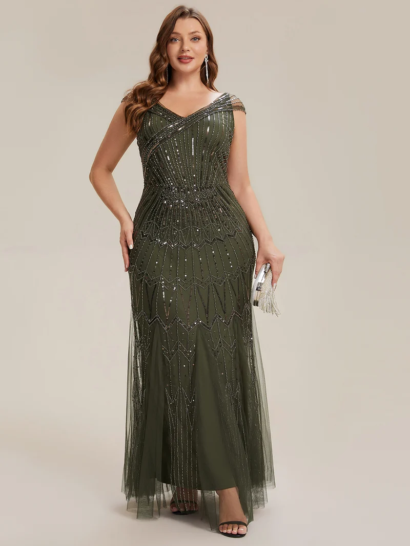 Robe longue sirène élégante à col en V manches courtes et tissu extensible