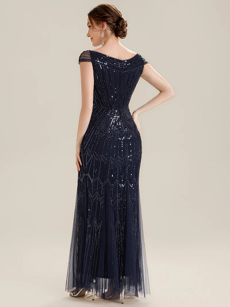 Robe longue sirène élégante à col en V manches courtes et tissu extensible