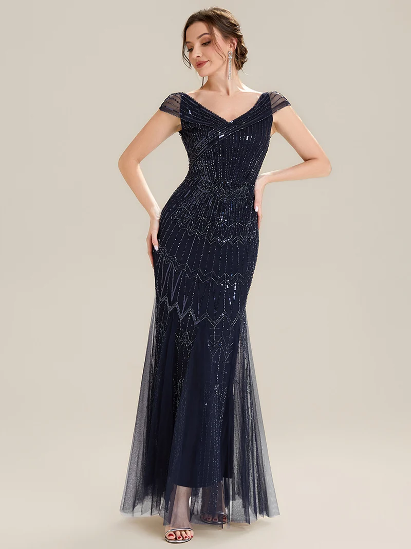 Robe longue sirène élégante à col en V manches courtes et tissu extensible