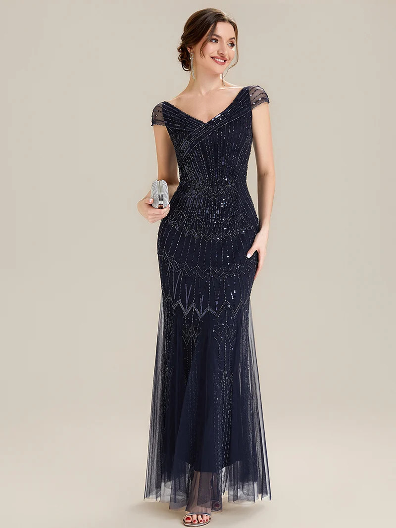 Robe longue sirène élégante à col en V manches courtes et tissu extensible