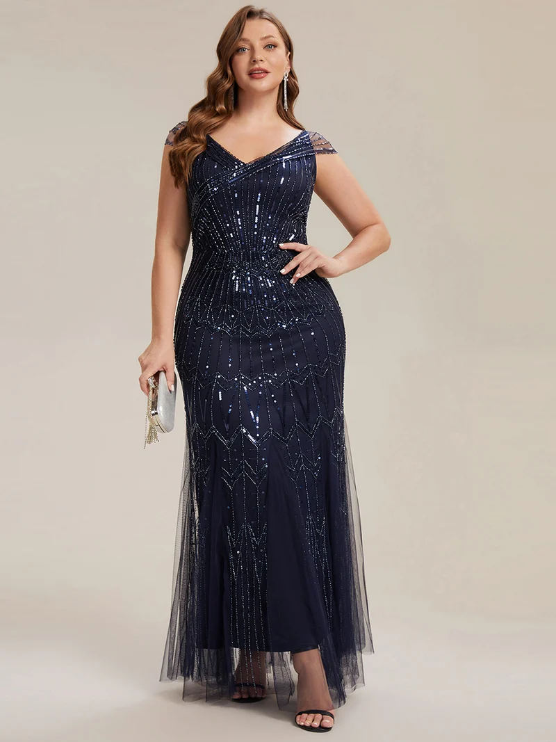 Robe longue sirène élégante à col en V manches courtes et tissu extensible