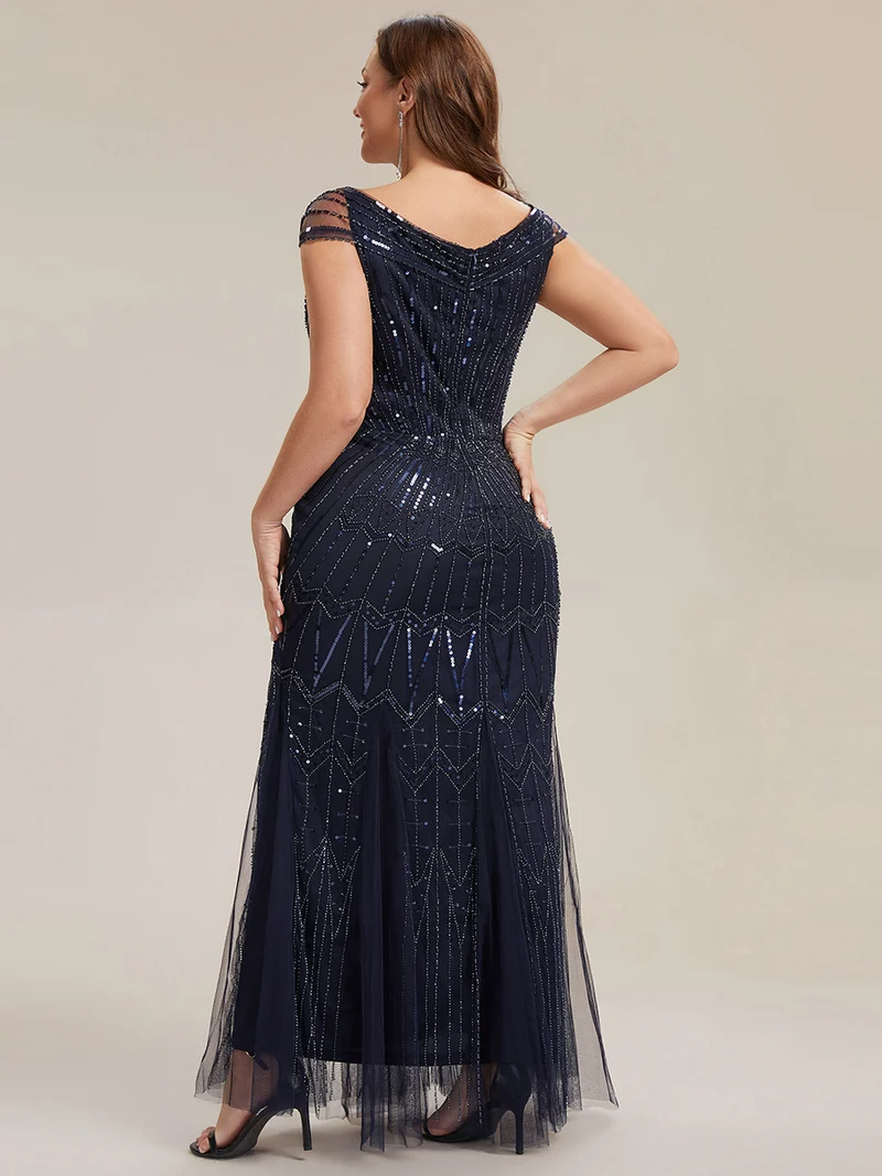 Robe longue sirène élégante à col en V manches courtes et tissu extensible