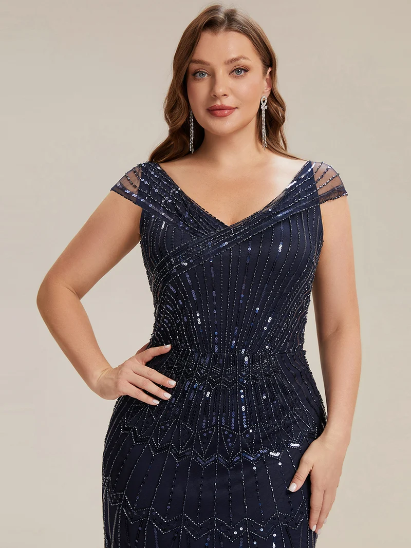 Robe longue sirène élégante à col en V manches courtes et tissu extensible
