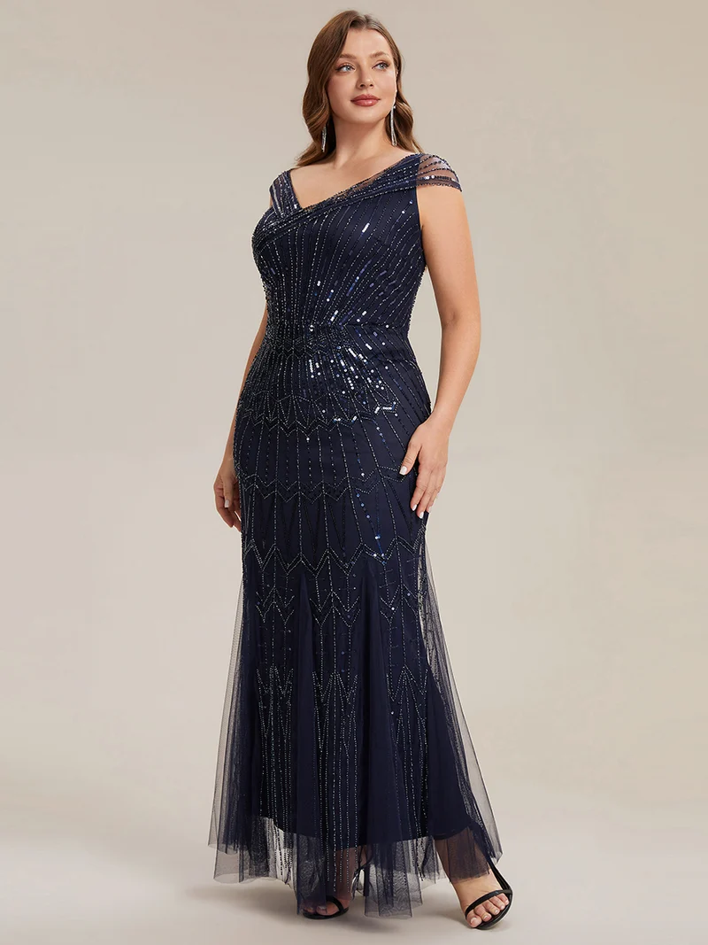 Robe longue sirène élégante à col en V manches courtes et tissu extensible