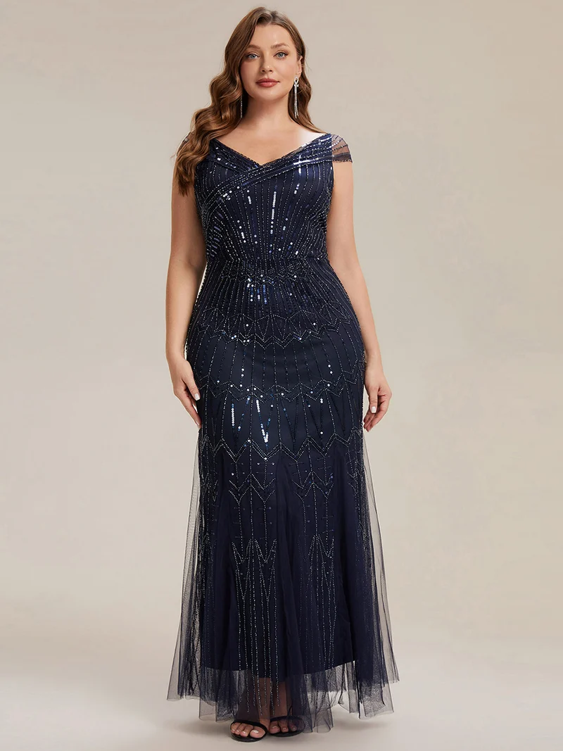 Robe longue sirène élégante à col en V manches courtes et tissu extensible