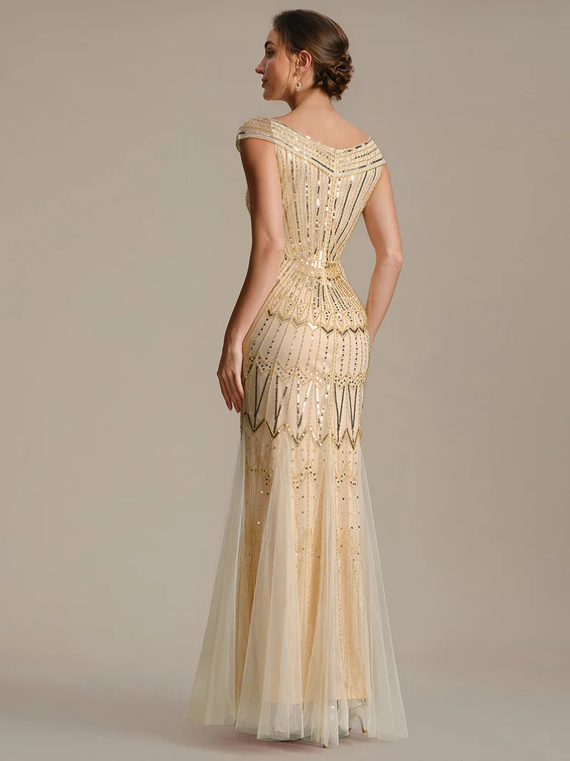 Robe longue sirène élégante à col en V manches courtes et tissu extensible