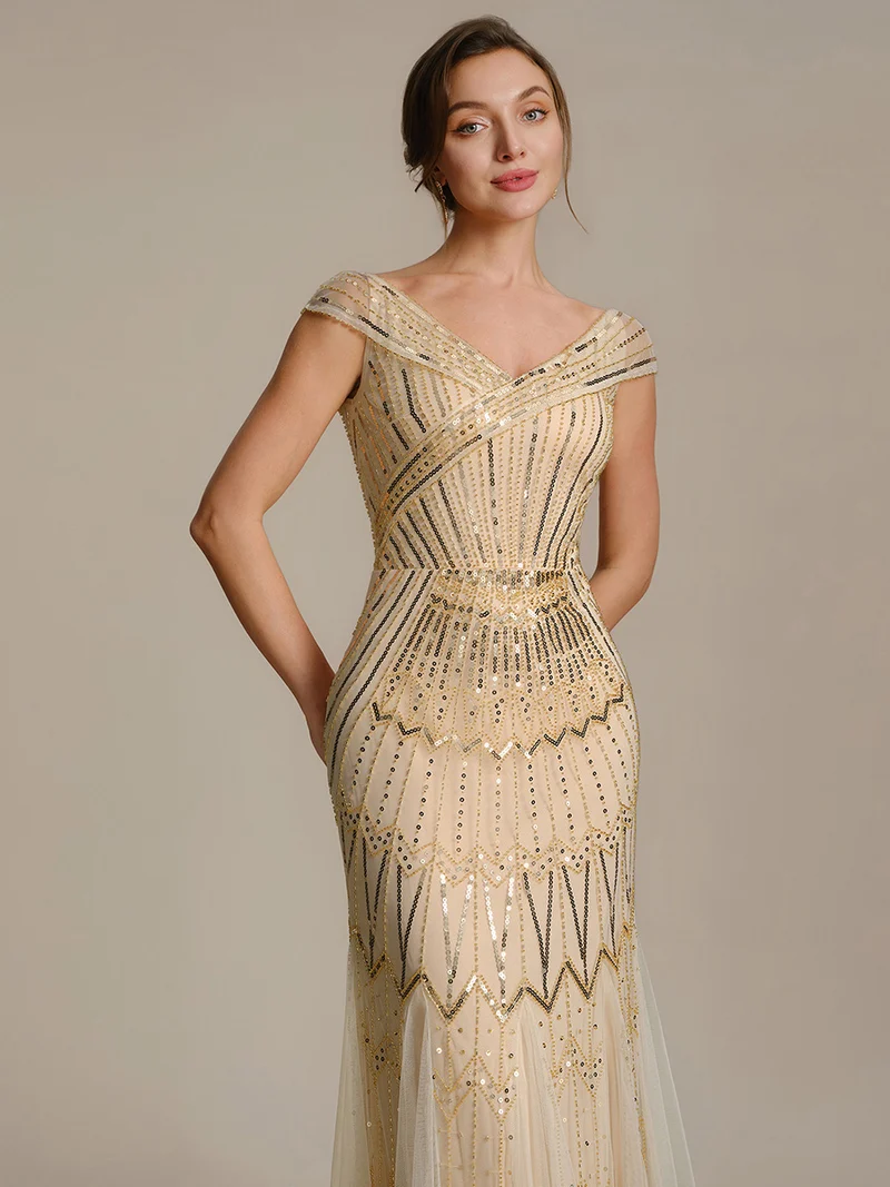 Robe longue sirène élégante à col en V manches courtes et tissu extensible