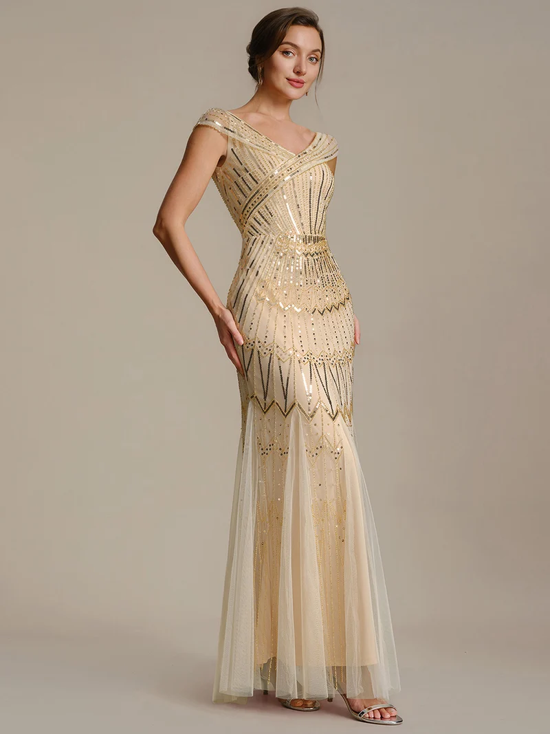 Robe longue sirène élégante à col en V manches courtes et tissu extensible
