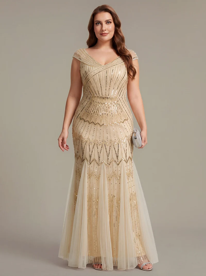 Robe longue sirène élégante à col en V manches courtes et tissu extensible