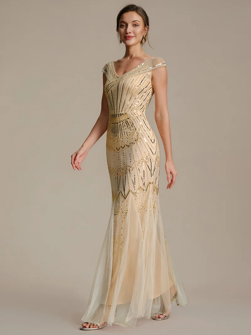 Robe longue sirène élégante à col en V manches courtes et tissu extensible