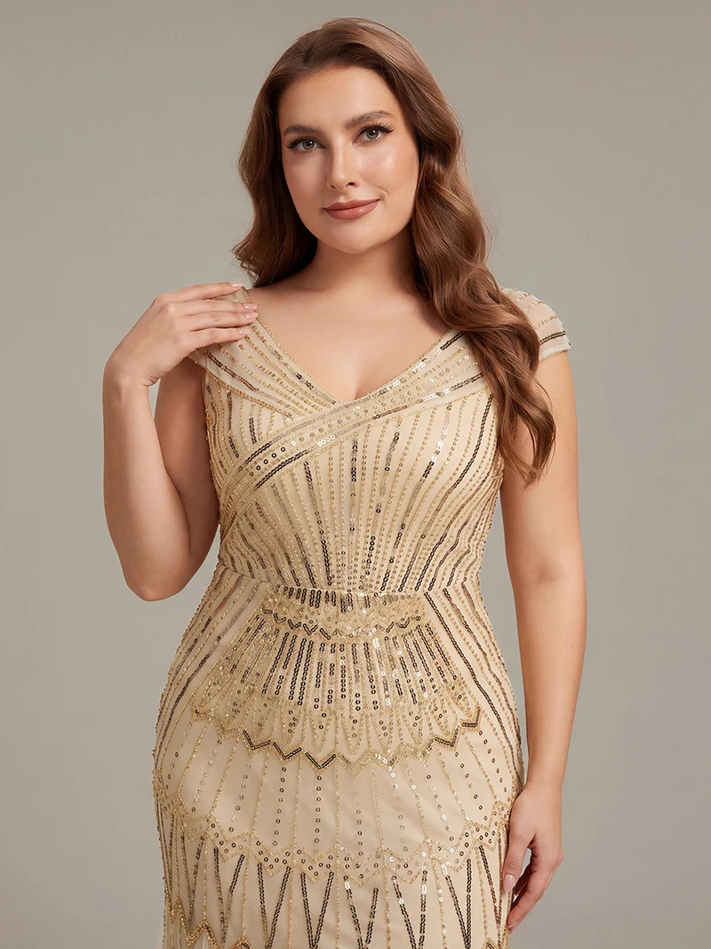 Robe longue sirène élégante à col en V manches courtes et tissu extensible