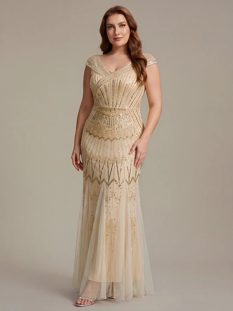 Robe longue sirène élégante à col en V manches courtes et tissu extensible