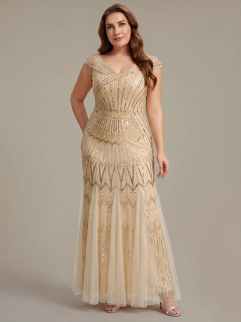 Robe longue sirène élégante à col en V manches courtes et tissu extensible