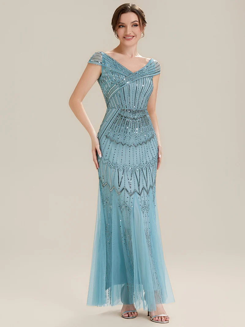 Robe longue sirène élégante à col en V manches courtes et tissu extensible