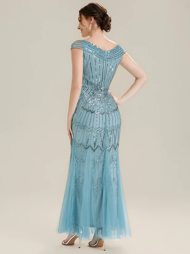 Robe longue sirène élégante à col en V manches courtes et tissu extensible