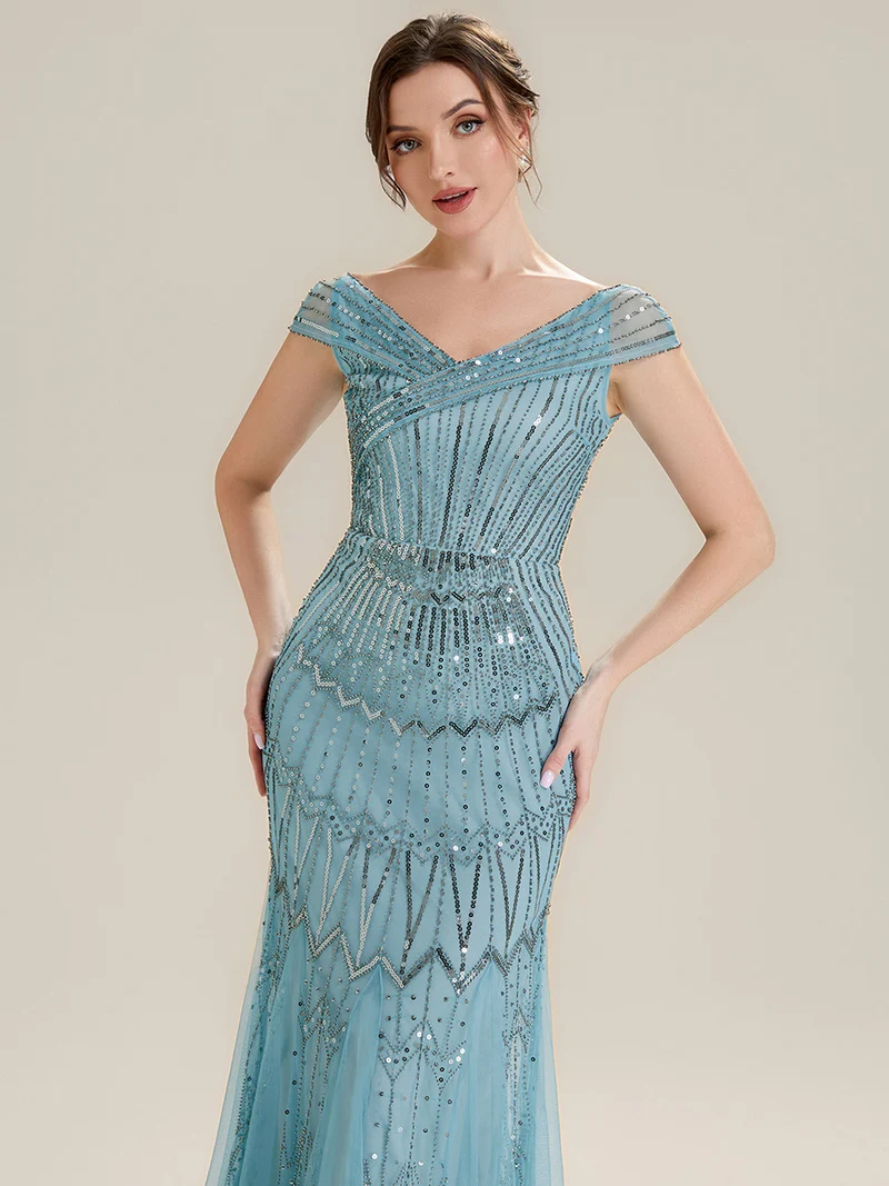 Robe longue sirène élégante à col en V manches courtes et tissu extensible