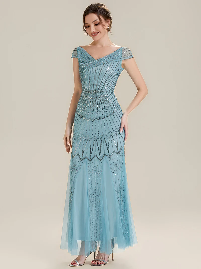 Robe longue sirène élégante à col en V manches courtes et tissu extensible